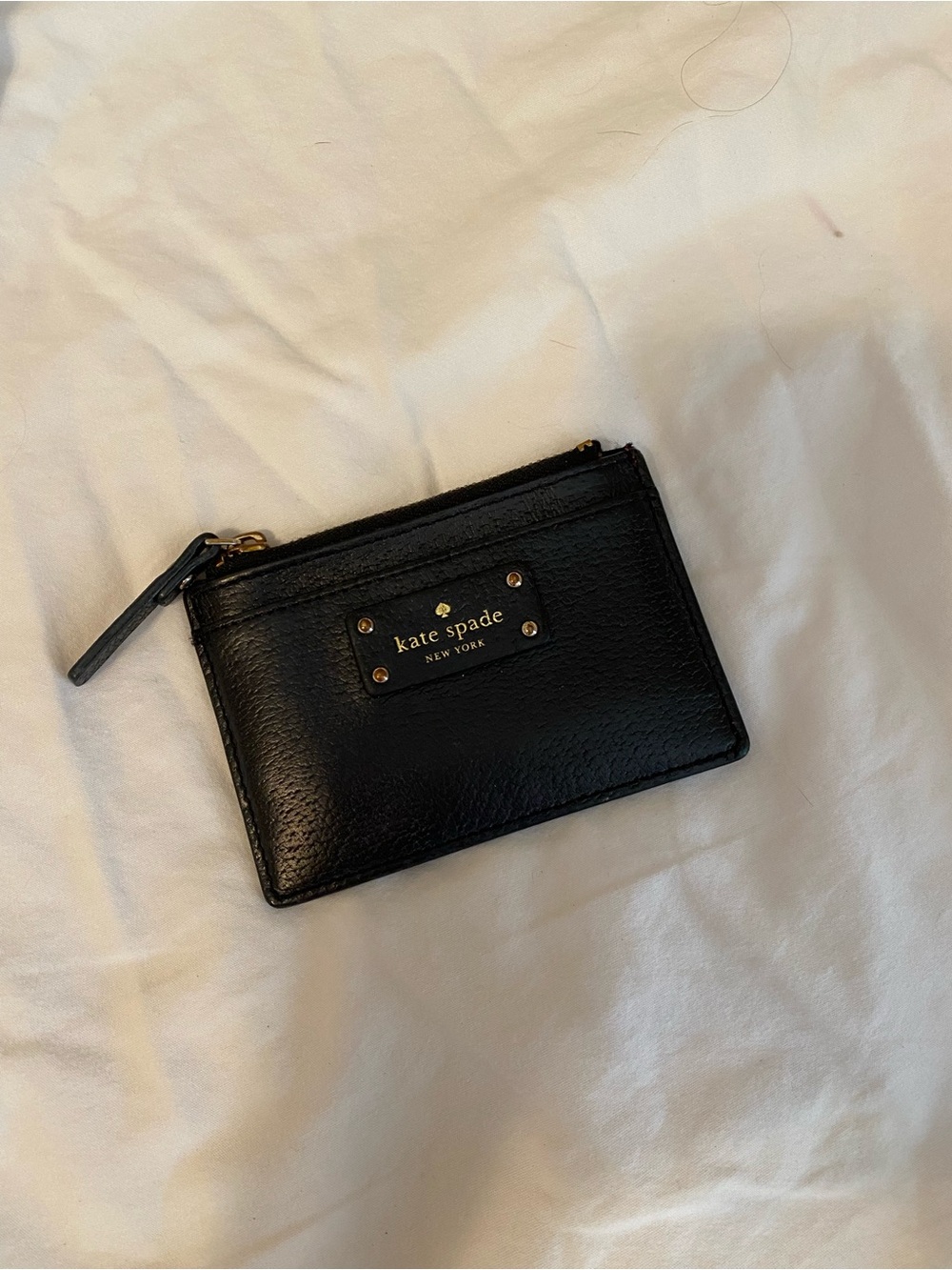 kate spade Black Leather Zip Card Case with Logo Plaque